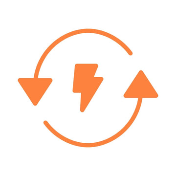 An orange line art icon of a recycling symbol with a lightning bolt
