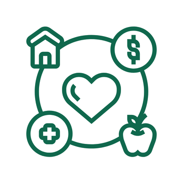A green line art icon with a heart, surrounded by icons for a house, dollar sign, apple, and medical cross