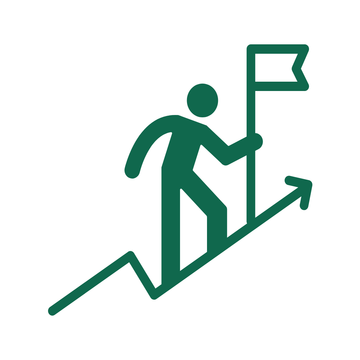 A dark green line art icon of a person climbing a rising arrow to plant a flag
