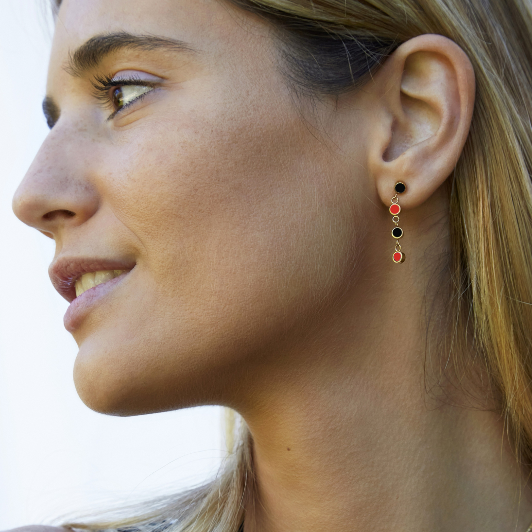 Eco-conscious gold drop earring with multicolor plastic accents