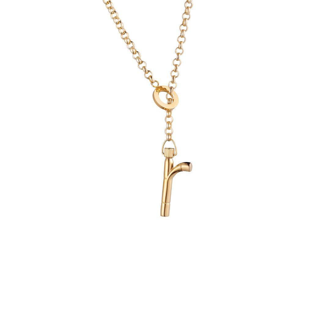 Delicate gold lariat necklace featuring an elegant "r" initial.