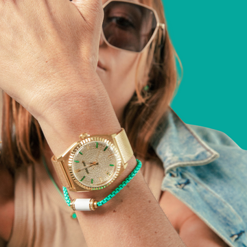 Ruby 8 gold watch and Thalassa white chip and turuoise chain 