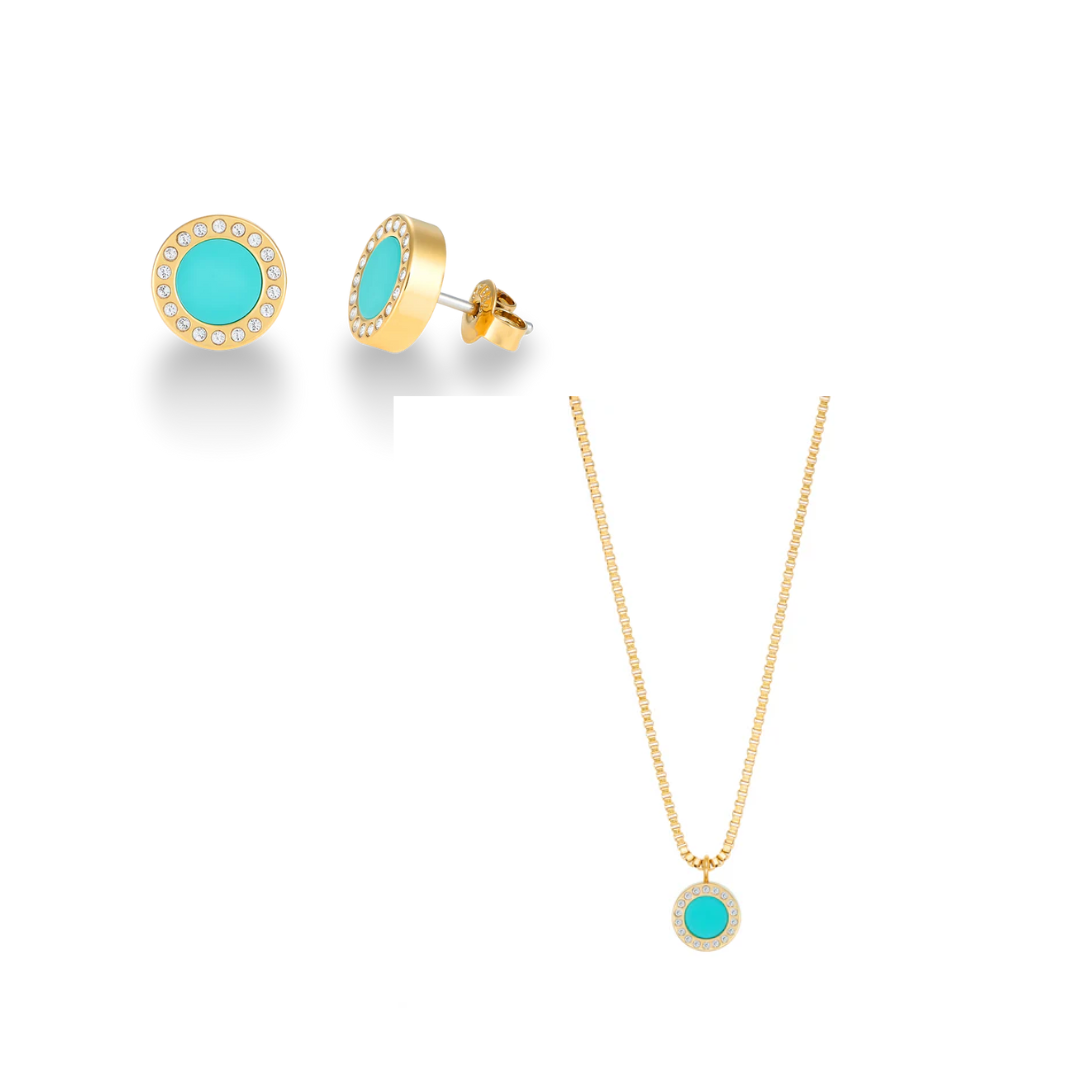 Jason Hyde gold necklace and earrings with turquoise chip and zirconia.