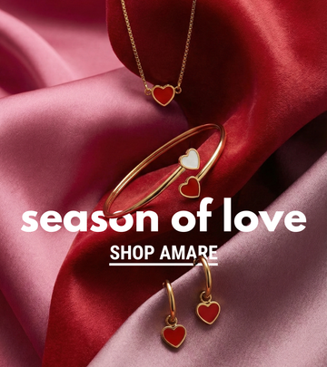 Amare jewelry set with necklace, bracelet, and earrings on pink fabric with 'season of love' text and 'Shop Amare' call to action.