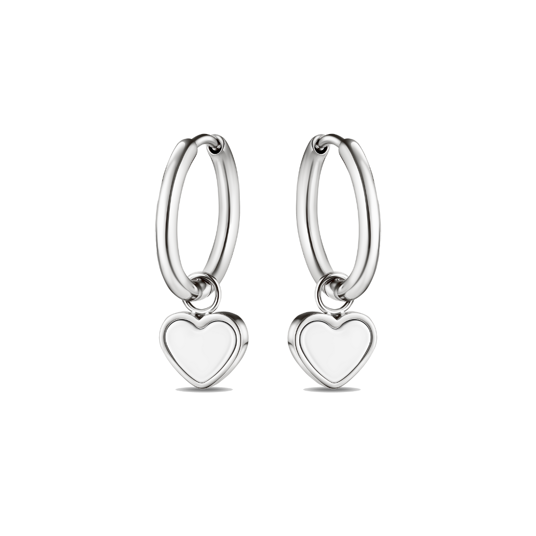 Stylish Amare earrings with a hoop design and white heart detail.