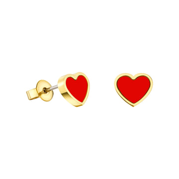 Red heart stud earrings with gold trim and posts, displayed against a white background.