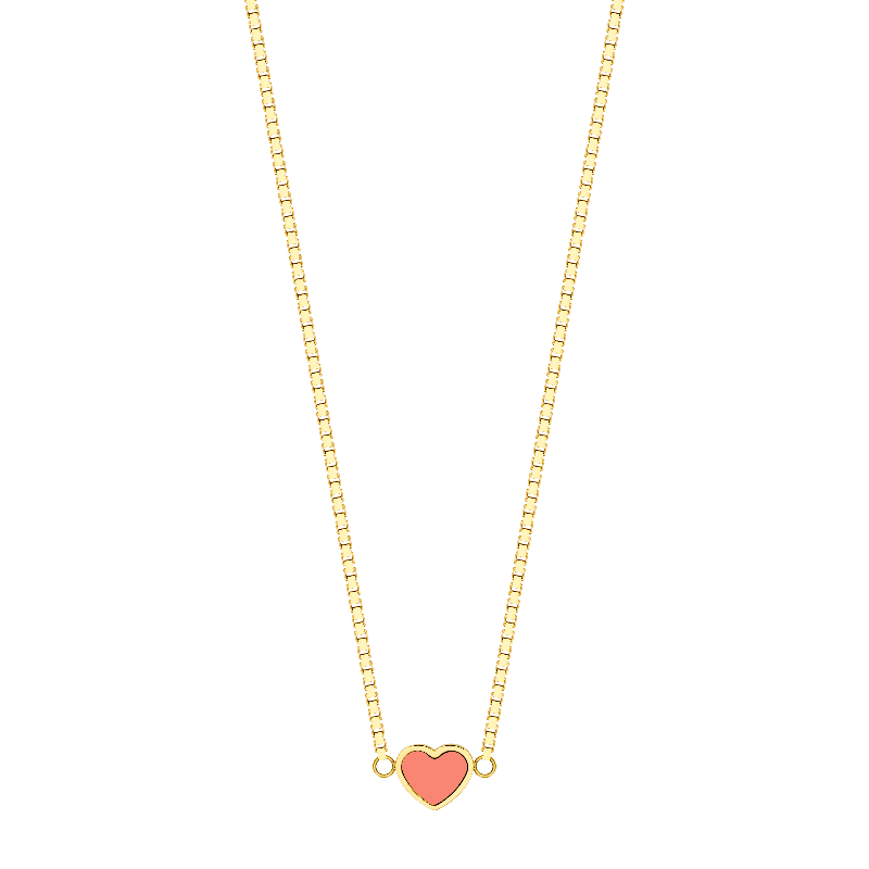 Jason Hyde gold heart charm necklace with coral enamel detail and minimalist design.