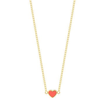 Jason Hyde gold heart charm necklace with coral enamel detail and minimalist design.