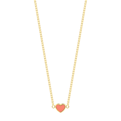 Jason Hyde gold heart charm necklace with coral enamel detail and minimalist design.