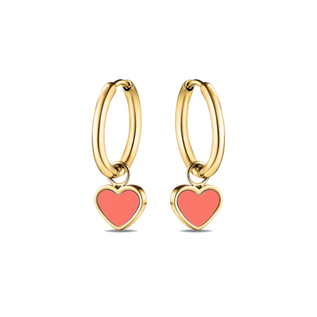 Jason Hyde gold heart hoop earrings with coral enamel charms and minimalist design.