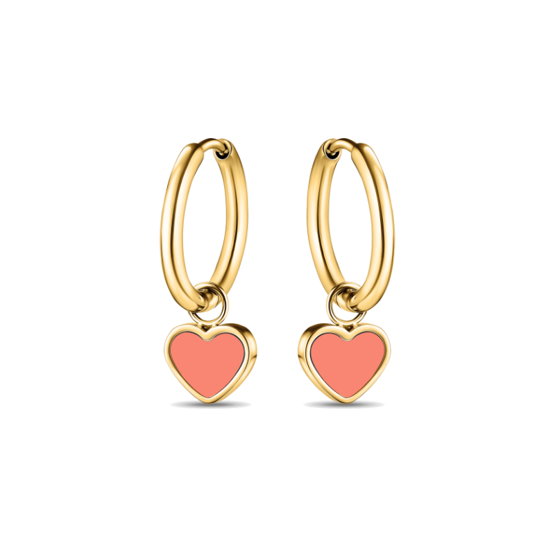 Jason Hyde gold heart hoop earrings with coral enamel charms and minimalist design.
