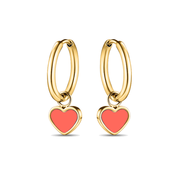 Jason Hyde gold heart hoop earrings with coral enamel charms and minimalist design.