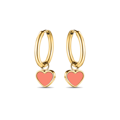 Jason Hyde gold heart hoop earrings with coral enamel charms and minimalist design.