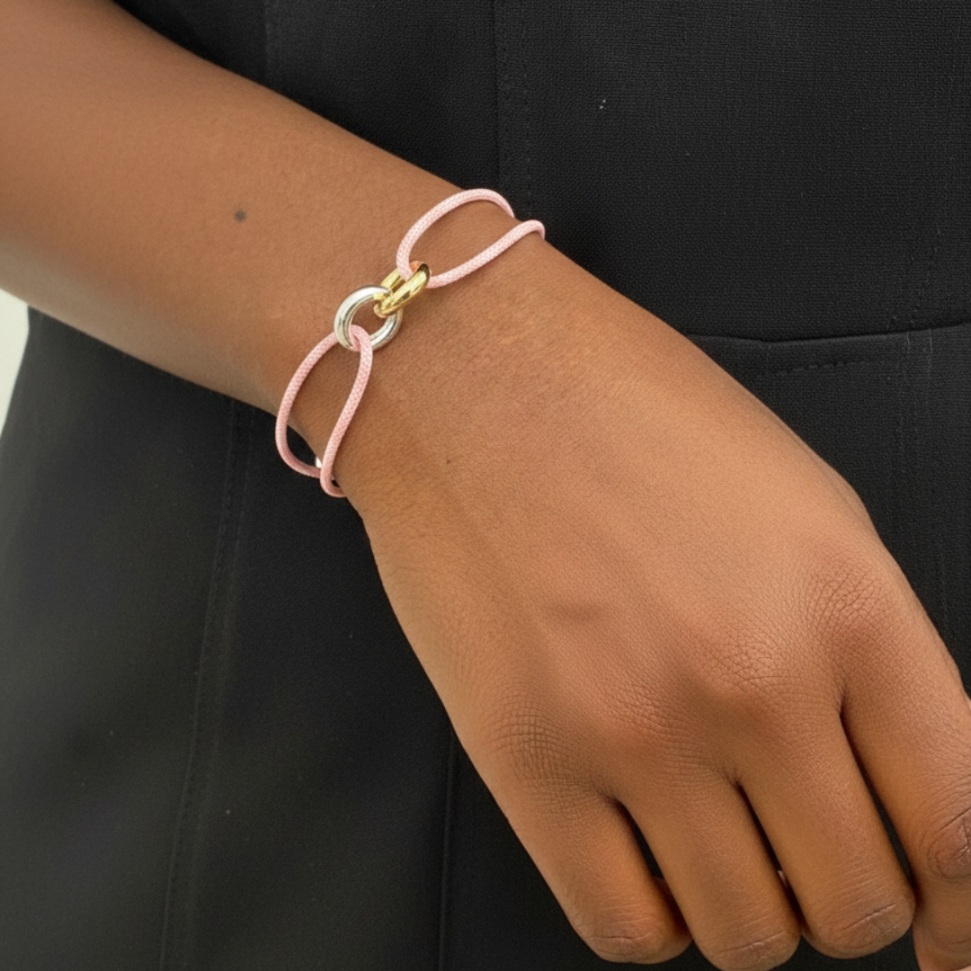 pink recyclable cord and interlocking sterling silver charms
