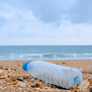 Discarded plastic water bottle lying on a sandy shore.