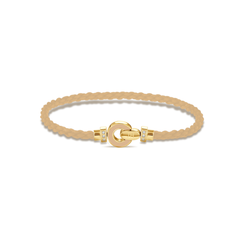 Beige braided cord bracelet with gold-plated horseshoe clasp and zirconia accents by Jason Hyde
