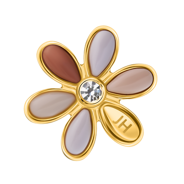 Gold flower charm with beige petals and a clear zirconia center 