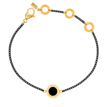 Black chain bracelet with a matching circular enamel charm 