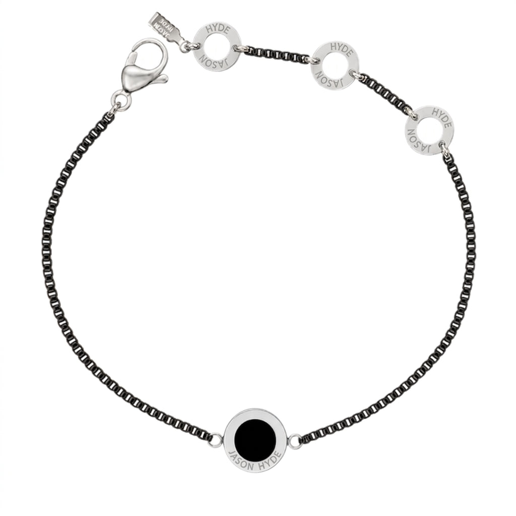 Black chain bracelet, silver circular black charm, lobster clasp