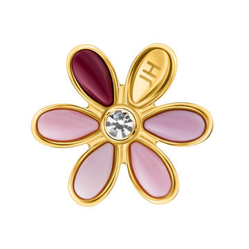 Jason Hyde gold flower charm featuring burgundy enamel petals, and zirconia center