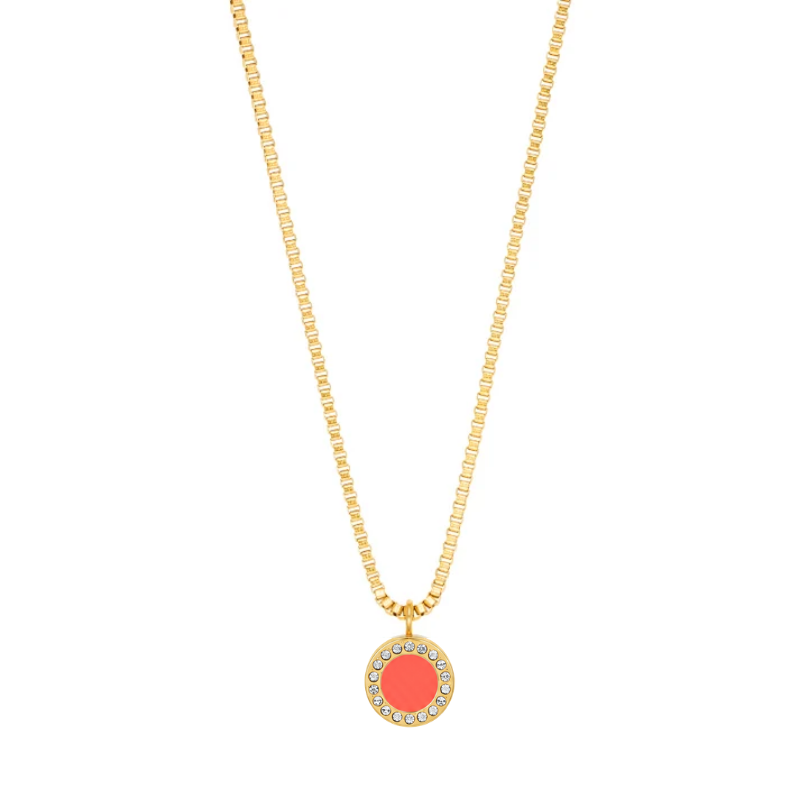 Coral and gold circular pendant necklace by Jason Hyde