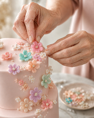Elderly hands place delicate pink, purple, and blue sugar flowers onto a pastel pink tiered cake.