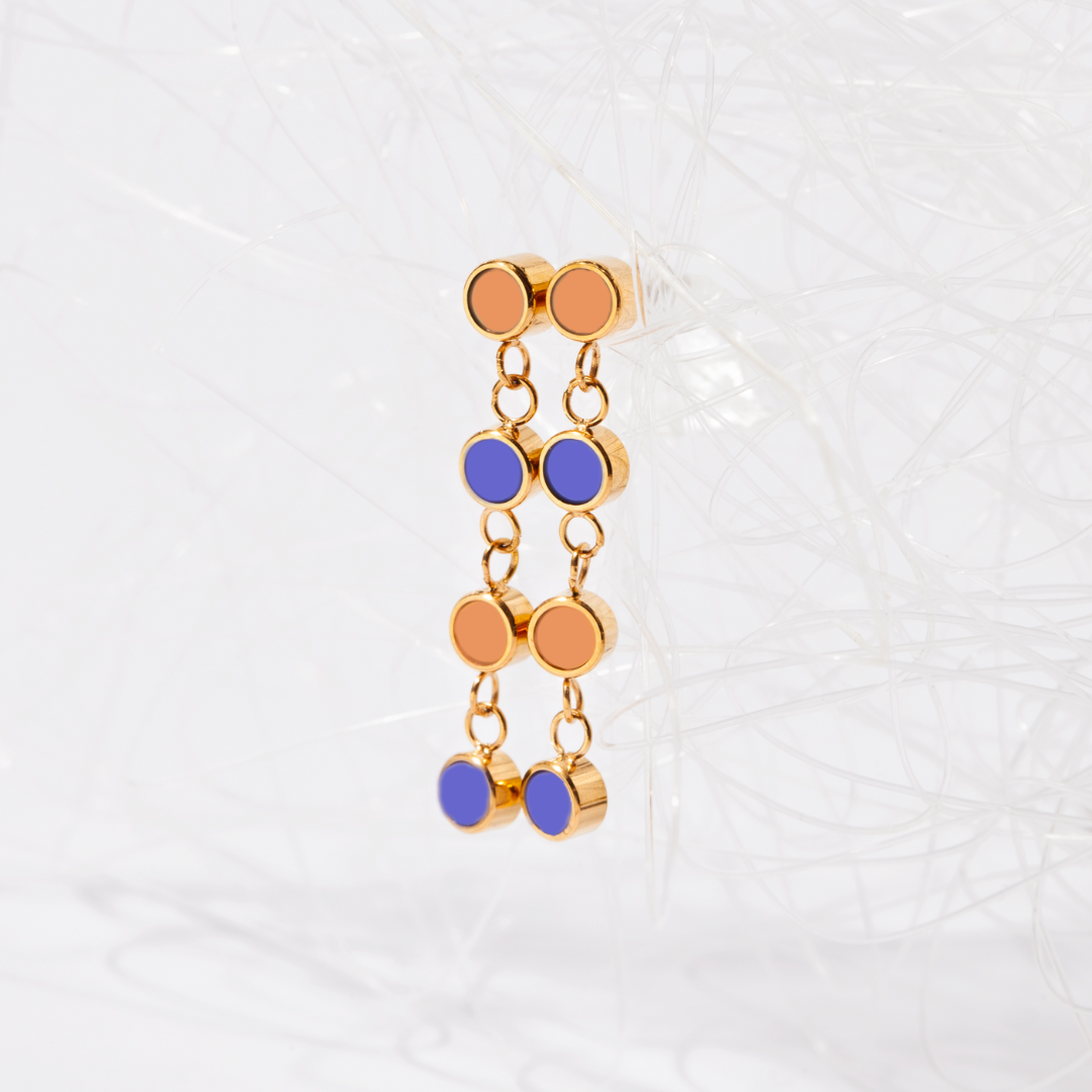 Gold Jason Hyde earrings with cascading orange and persian blue enamel circles