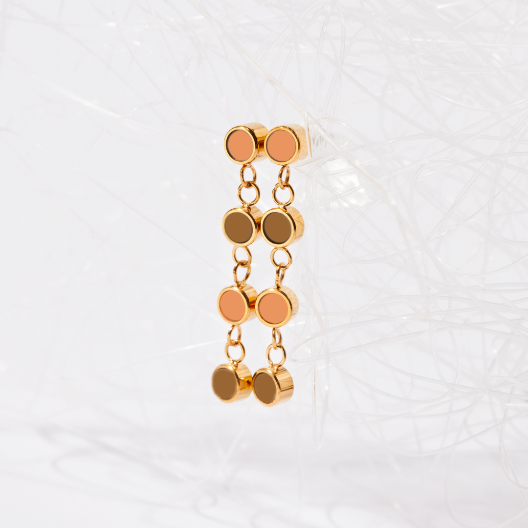 Gold dangle earrings with cascading apricot crush and nutshell enamel discs