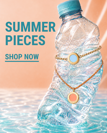 Ocean bracelets on a beach background with 'Summer Pieces' text and 'Shop Now' button.