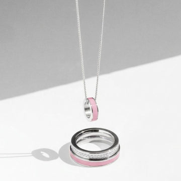 Sustainable jewelry set: matching silver and pink recycled plastic necklace and rings