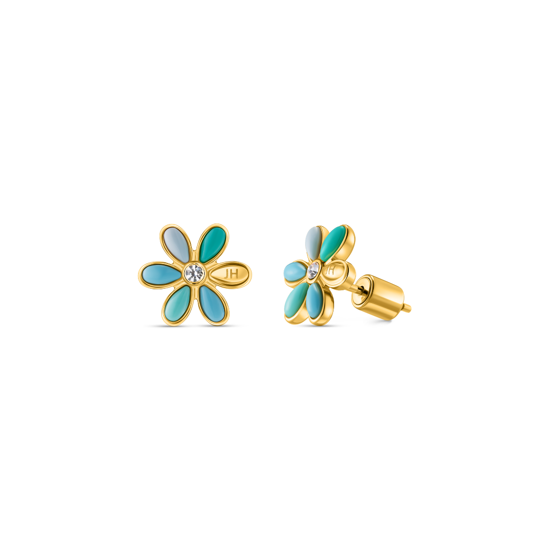 Turquoise chip flower stud earrings, gold-tone, with post backs