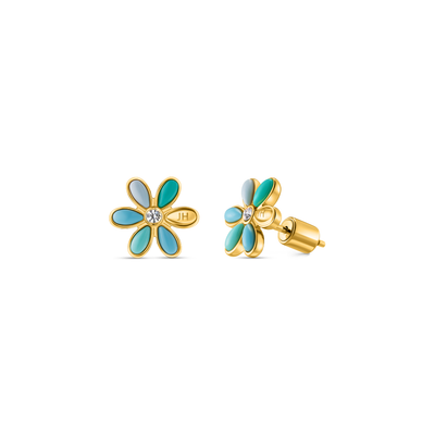 Turquoise chip flower stud earrings, gold-tone, with post backs