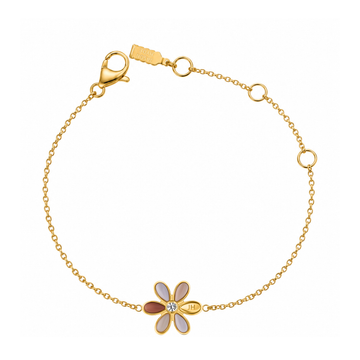 Gold tone beige flower charm bracelet with round link chain, 