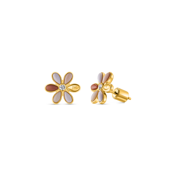 Pair of gold-tone beige flower stud earrings with zirconia center