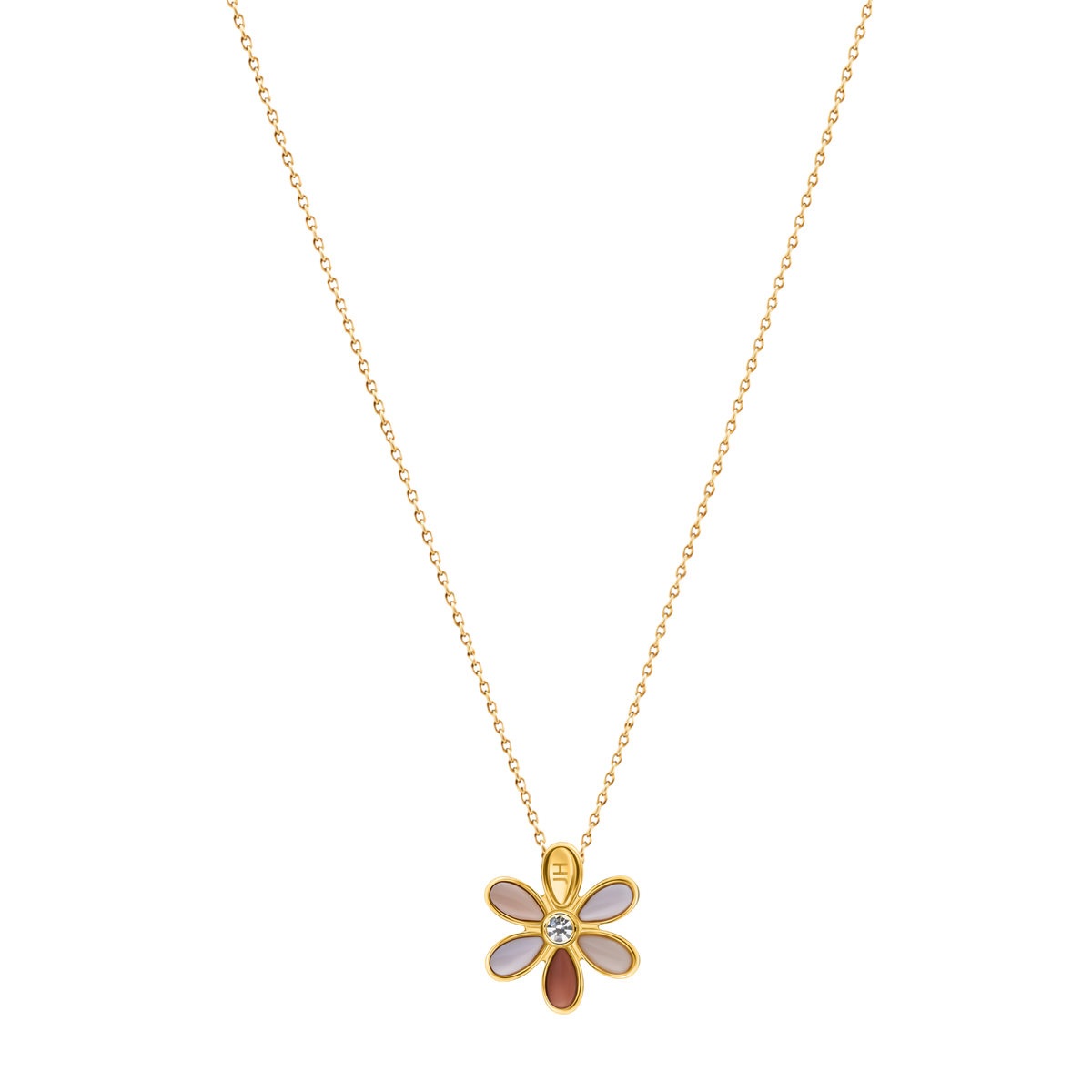 Gold-tone necklace with beige centered flower pendant on a V-shaped chain