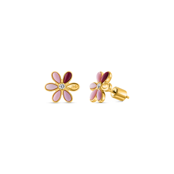 Gold stud earrings with 5-petal burgundy flower design with zirconia center