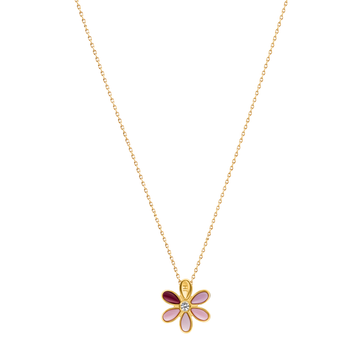 Gold necklace with burgundy flower-shaped pendant on a thin chain