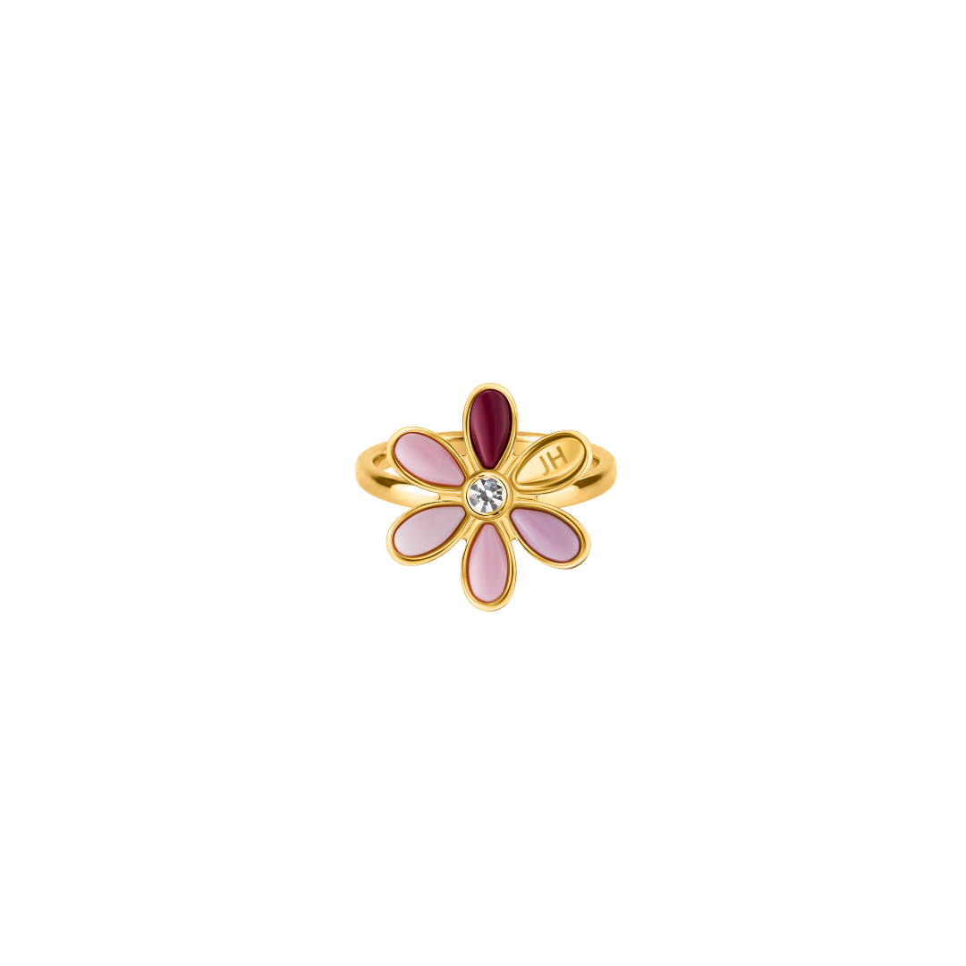 Gold-tone flower ring with pink petals and burgundy center
