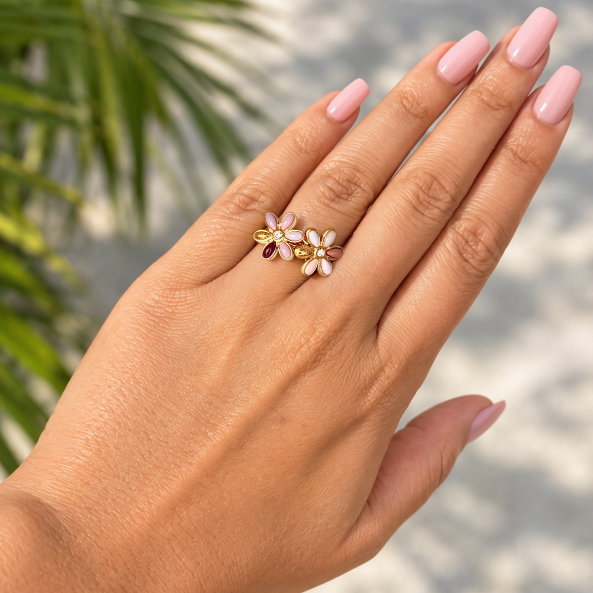 Sea-flower ring with gold-tone band, pink and burgundy enamel petal cluster
