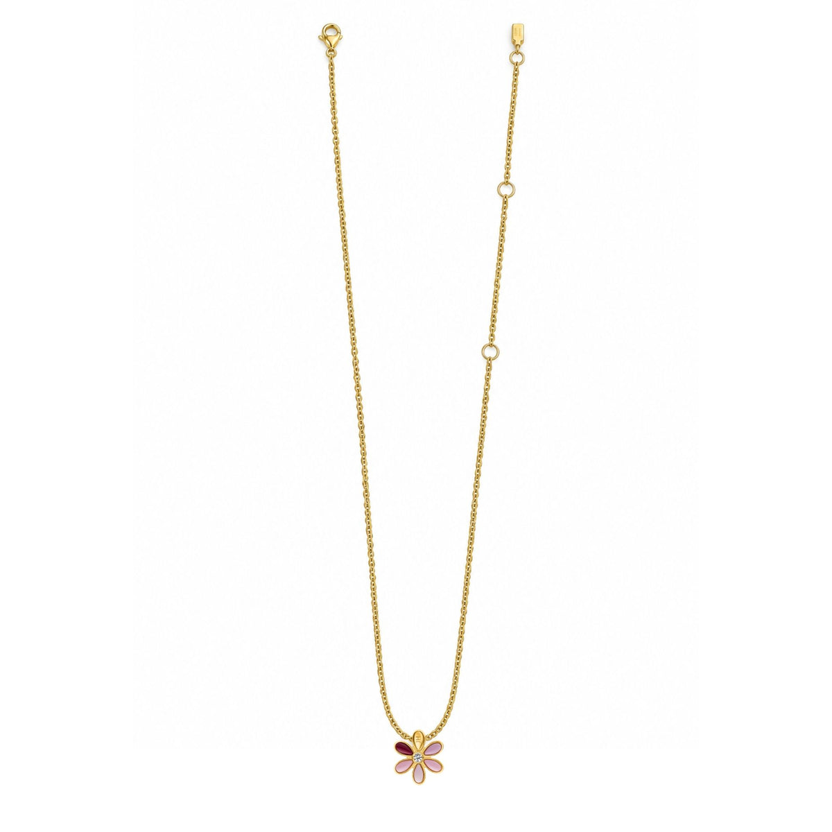 Gold flower pendant necklace with long thin chain and burgundy enamel flower