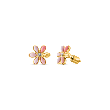 Coral flower stud earrings with gold-tone posts and pink enamel petals