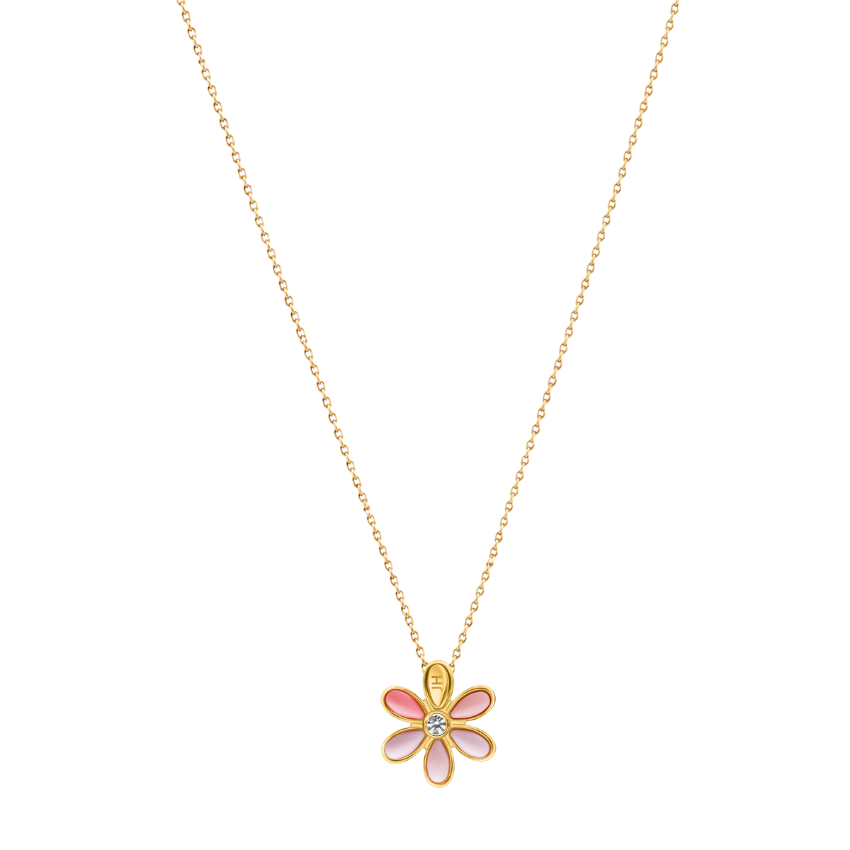 Gold-tone flower pendant necklace with coral chip petals on a thin chain