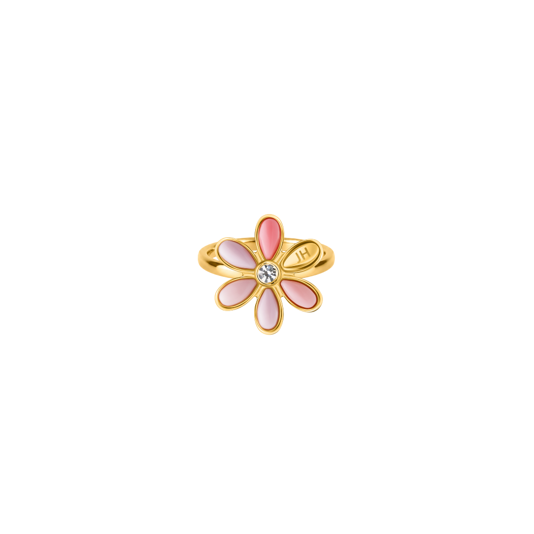 Coral flower chips ring with gold-tone petals and a zirconia center stone