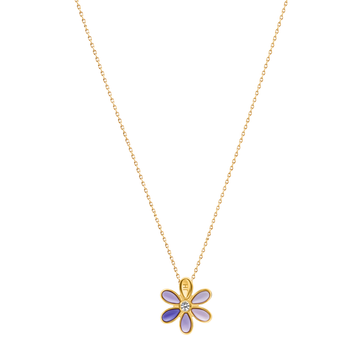 Gold necklace with five-petal blue and purple enamel flower charm on chain