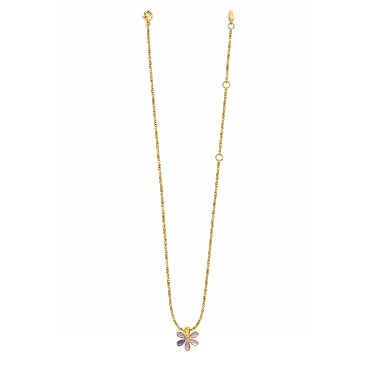 Long gold chain necklace with lavender enamel flower charm at center