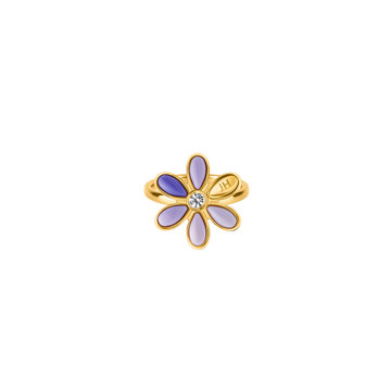 Gold-tone flower enamel chips ring with lavender and blue petals