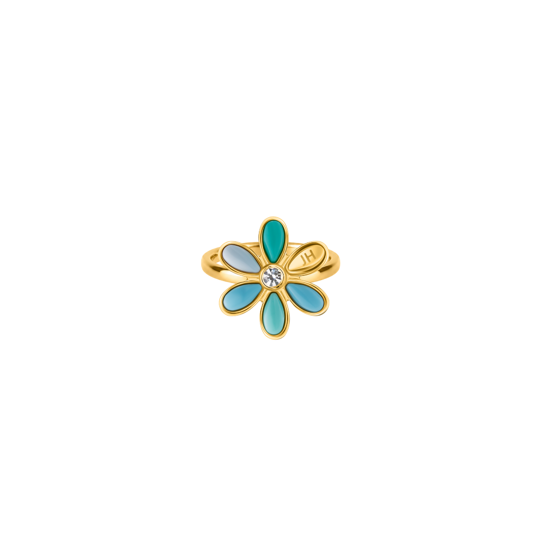 Turquoise chip flower ring with gold-tone petals and teardrop accents