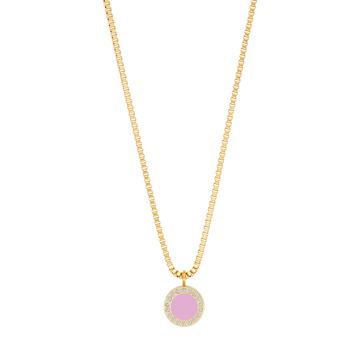 Necklace with round fondant pink enamel pendant surrounded by zirconia stones by Jason Hyde