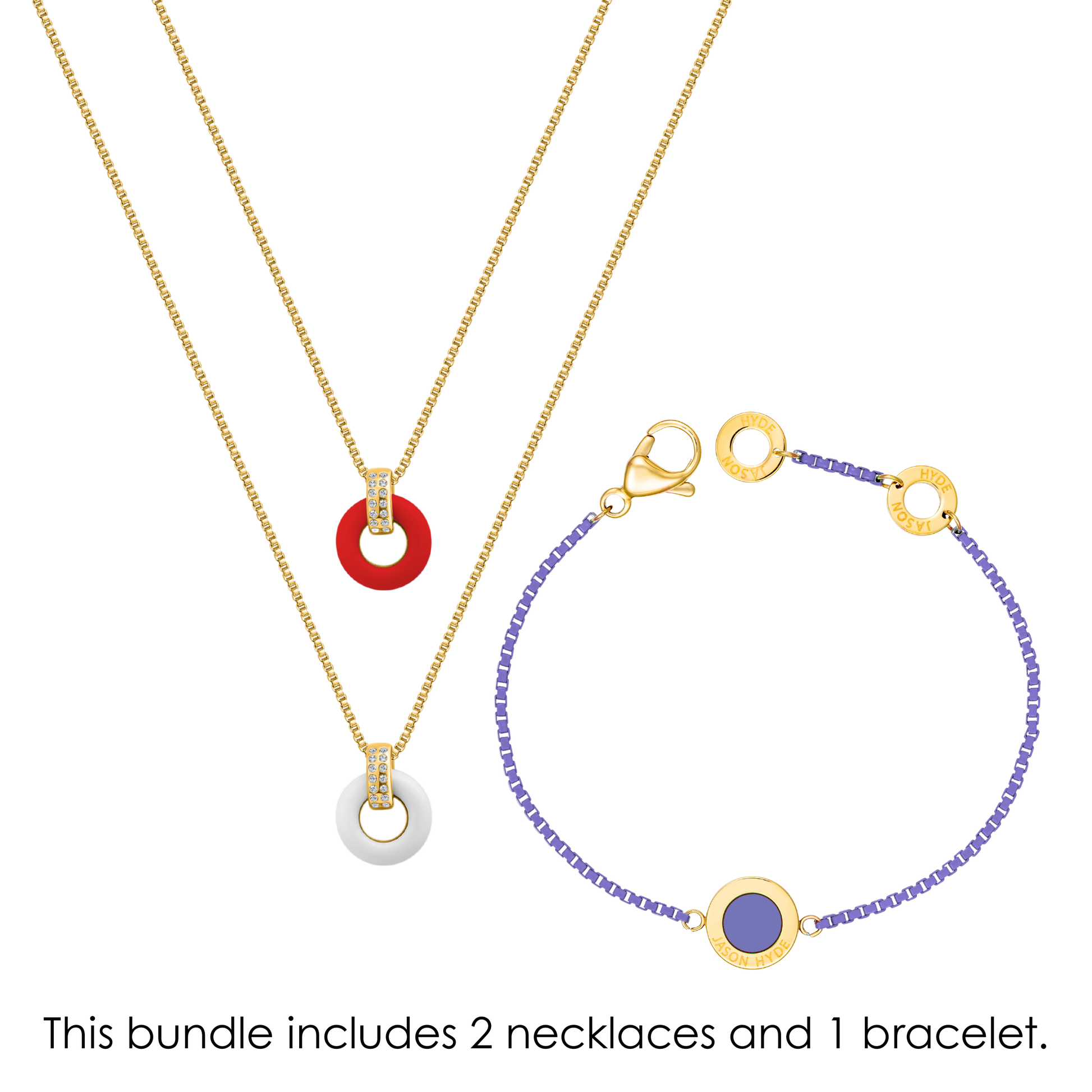 France game day jewelry bundle with two gold necklaces and one purple recycled ocean plastic bracelet.
