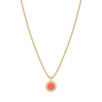 Gold-plated box chain necklace with round coral enamel pendant surrounded by zirconia stones by Jason Hyde